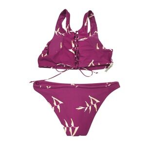 Cupshe Purple Floral Bikini Set M‎ Lace Up Back Boho Beach Vacation Swim